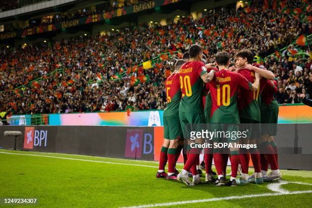 Cristiano Ronaldo of Portugal celebrates a goal with his teammates during the UEFA EURO 2024 qualifying round group J match between Portugal and...