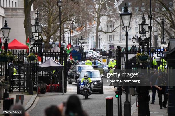 The convoy carrying Benjamin Netanyahu, Israel's prime minister, arrives ahead of a meeting with Rishi Sunak, UK prime minister, at 10 Downing Street...