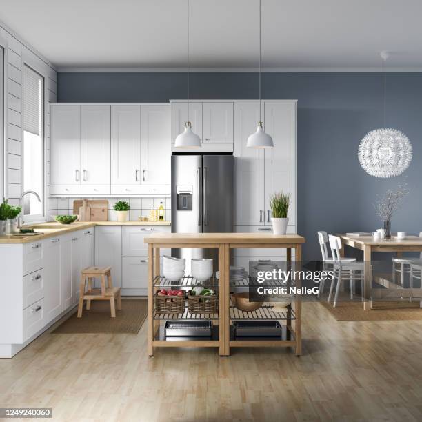 scandinavian kitchen interior - metal kitchen worktop stock pictures, royalty-free photos & images