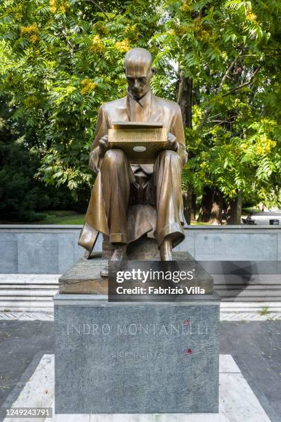 The statue of the journalist Indro Montanelli in the park named after him on June 12, 2020 in Milan, Italy. Following the controversy after the...