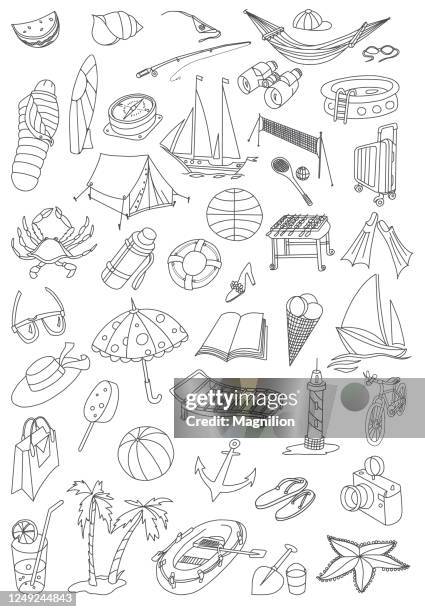 summer holidays and travel doodles set - sun hat illustration stock illustrations