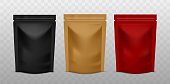 Plastic sachet pouch. Coffee zip package golden, black and red color, foil standing bag advertising presentation realistic vector mockups