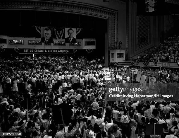 General view as American politician, journalist, farmer and former Vice President Henry A. Wallace and his running mate American politician,...