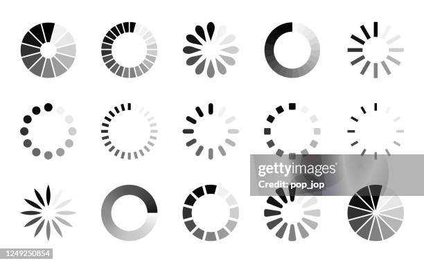 ilustrações de stock, clip art, desenhos animados e ícones de preloader icon set - vector collection of loading progress round bars - escala de cinzentos