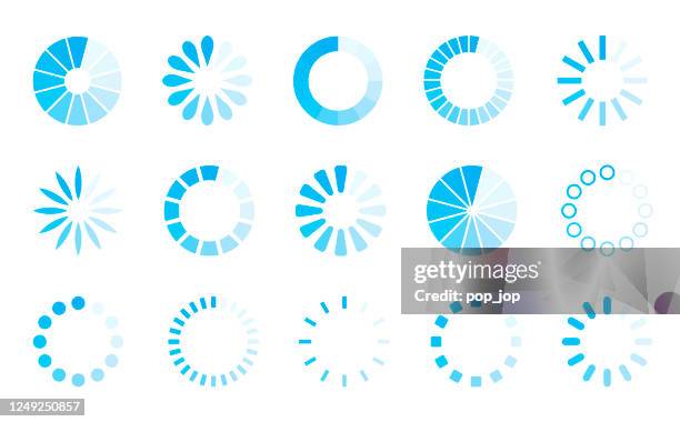 preloader icon set blue - vector collection of loading progress round bars - computer loading stock illustrations