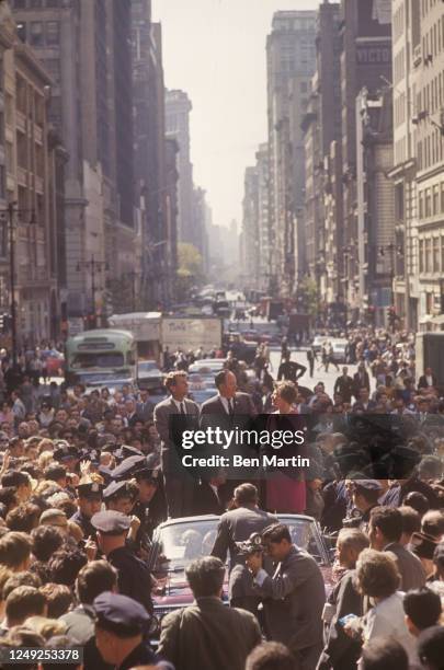 American politicians Robert Kennedy and Hubert Humphrey campaigning in motorcade, New York City, US, 1968.