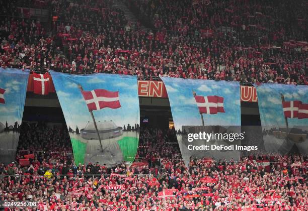 Danish fans prior to the UEFA EURO 2024 qualifying round group H match between Denmark and Finland at Parken Stadium on March 23, 2023 in Copenhagen,...