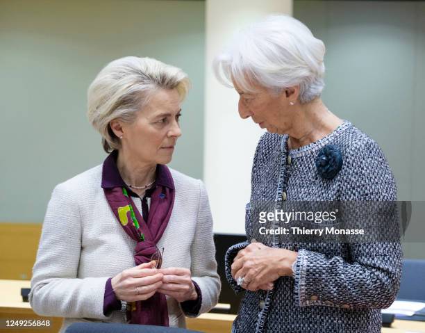 President of the European Commission Ursula von der Leyen talks with the President of the European Central Bank Christine Lagarde prior the start of...