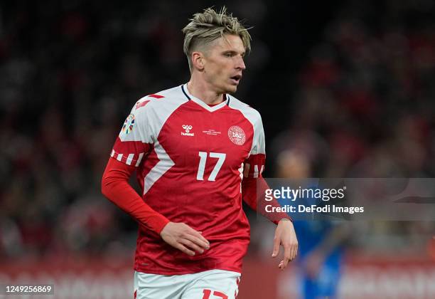 Jens Stryger Larsen of Denmark looks on during the UEFA EURO 2024 qualifying round group H match between Denmark and Finland at Parken Stadium on...