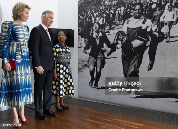 Queen Mathilde of Belgium and King Philippe - Filip of Belgium receive a guided tour by Antoinette Sithole, the sister of Hector Pieterson, at a...