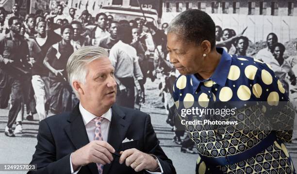 King Philippe - Filip of Belgium listens to Antoinette Sithole, the sister of Hector Pieterson, during a visit of the Hector Pieterson Museum in...