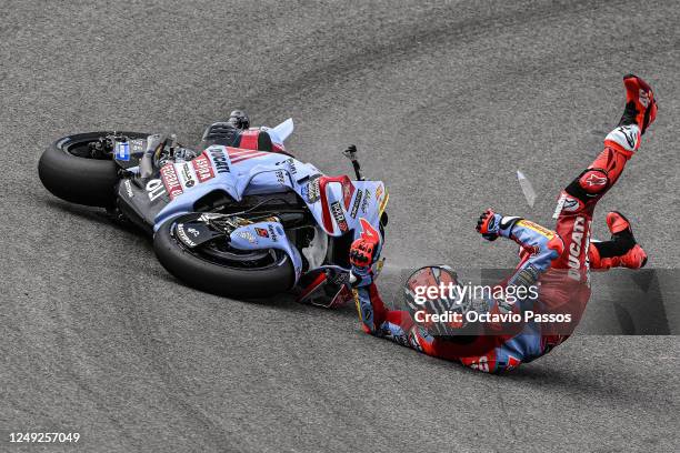 Fabio Di Giannantonio of Italy crashes with their Gresini Racing MotoGP Team during the MotoGP Free Practice at Autodromo Internacional do Algarve on...