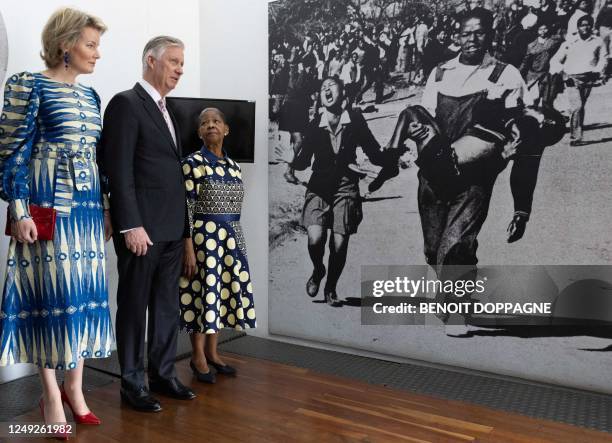 Queen Mathilde of Belgium and King Philippe - Filip of Belgium receive a guided tour by Antoinette Sithole, the sister of Hector Pieterson, at a...