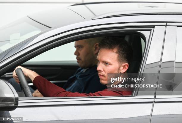 Bayern Munich coach Julian Nagelsmann arrives in his car at the headquarters of German first division Bundesliga football club FC Bayern Munich in...