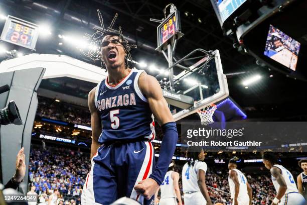 Las Vegas, NV, Thursday, March 23, 2023 - Gonzaga Bulldogs guard Hunter Sallis yells out after making a layup against the UCLA Bruins in a Sweet 16...