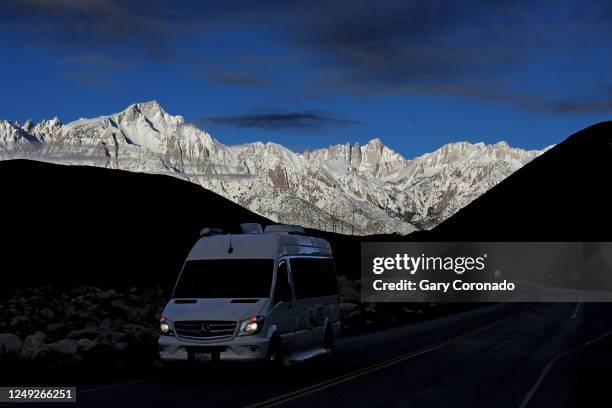 Lone Pine Peak, left, elevation 12,949 feet, Thor Peak, center, and Mount Whitney, right, the highest mountain in the contiguous United States and...