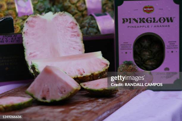 View of pink pineapples at Del Monte Fresh company plant in Buenos Aires, Puntarenas province, Costa Rica, on March 16, 2023. - Unique in its kind,...