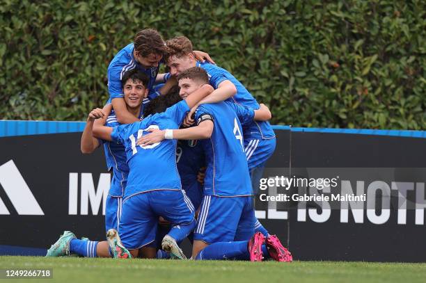 Mattia Mosconi of Italy U16 celebrates after scoring a goal during the U16 international friendly match between Italy and Germany at Tecnical Centre...