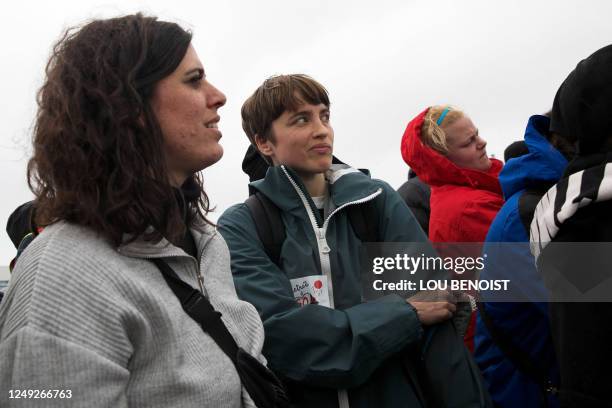 French actress Adele Haenel reacts as she demonstrates with Totalenergies striking employees outside Gronfreville-l'Orcher refinery, northern France,...
