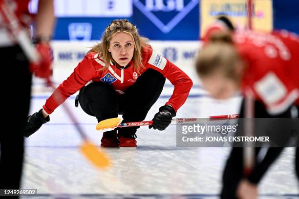 Madeleine Dupont of Denmark reacts during the match between Denmark and Canada in the round robin session 19 of the LGT World Womens Curling...