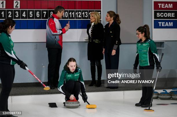 First Lady Jill Biden and Sophie Gregoire Trudeau visit Canadian youth participating in a curling program in Ottawa, Ontario, Canada, on March 24,...