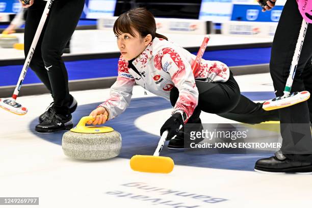 Yumi Suzuki of Japan competes during the match between New Zealand and Japan in the round robin session 19 of the LGT World Womens Curling...
