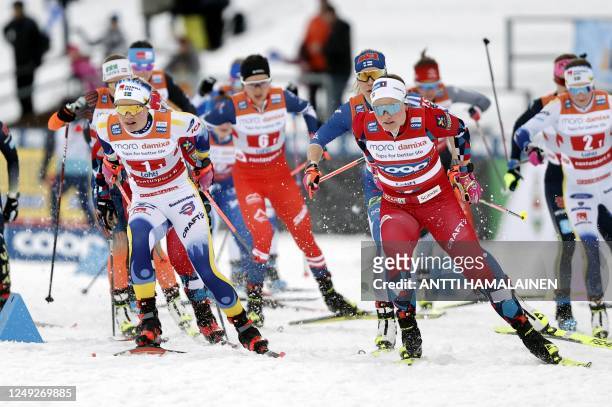 Anne Kjersti Kalvaa of Norway, Jasmin Kahara of Finland and Jonna Sundling of Sweden compete during the women's Cross-Country free style Team Sprint...