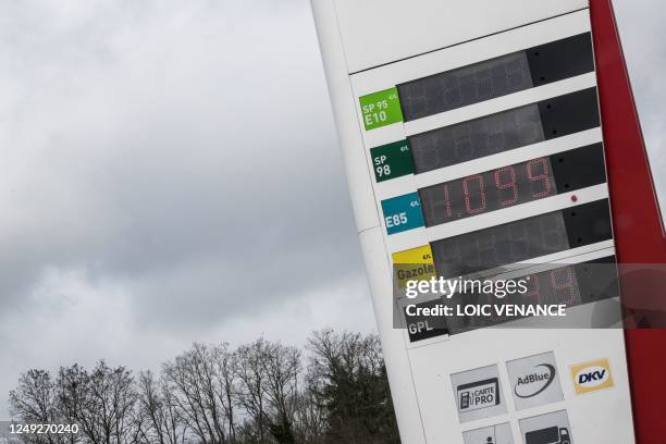 Sign shows some the limited fuel available at a service station in Savenay, on March 24, 2023. Protesters have blockaded oil refineries after the...