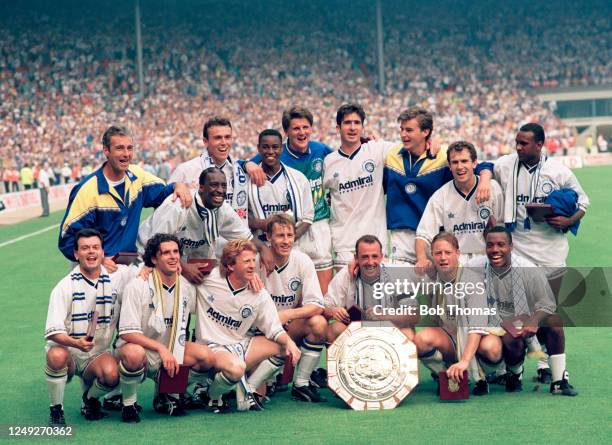 Leeds United celebrate with the trophy after winning the FA Charity Shield match between Leeds United and Liverpool at Wembley Stadium on August 8,...