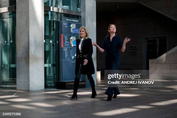 First Lady Jill Biden and Sophie Gregoire Trudeau arrive to visit the "Uninvited" exhibit, celebrating Canadian women artists, at the National...