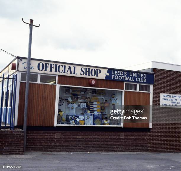 General view of the club souvenir shop outside Elland Road in Leeds, England, circa 1978.