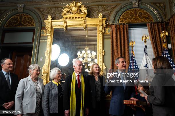 Vice President Kamala Harris ceremonially swears-in Eric Garcetti as the Ambassador to India in the Vice Presidents Ceremonial Office in the...