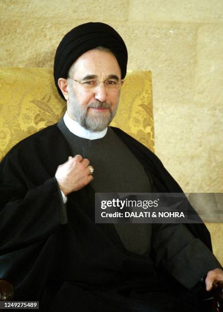 Iranian President Mohammad Khatami poses at Baabda presidential palace, 11 kms east of Beirut, 12 May 2003. Khatami received a rousing welcome at the...