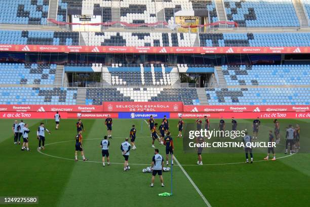 Spain's football team attend a training session at La Rosaleda stadium in Malaga on March 24 on the eve of the UEFA Euro 2024 group A qualification...