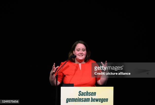 March 2023, Saxony, Bautzen: Ricarda Lang, federal chairwoman of Bündnis 90/Die Grünen, speaks on stage during the state party conference of the...