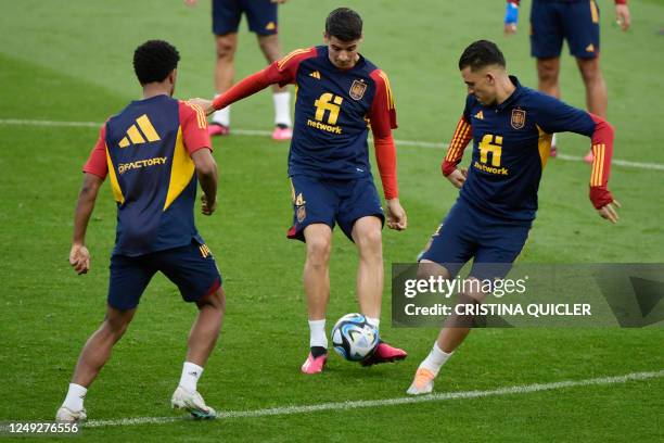 Spain's forward Alvaro Morata attends a training session at La Rosaleda stadium in Malaga on March 24 on the eve of the UEFA Euro 2024 group A...