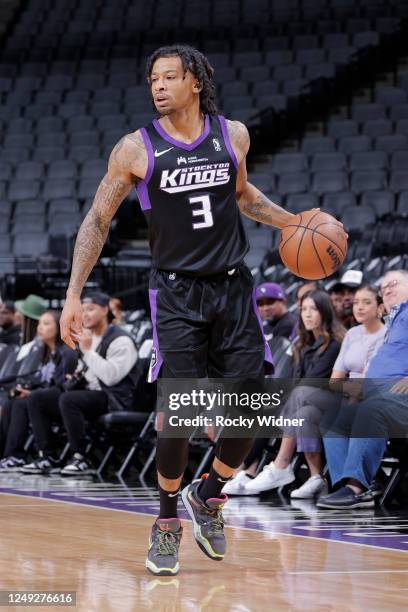 Trey Burke of the Stockton Kings dribbles the ball against the Mexico City Capitanes on March 24, 2023 at Golden 1 Center in Sacramento, California....