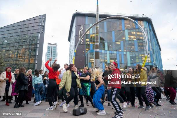 Flash Mob for Cardiff Mind, attended by Norman Cook of Fatboy Slim, dance at The Hayes on March 24, 2023 in Cardiff, Wales.