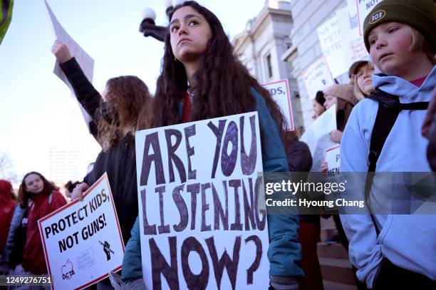 Dalia Gutierrez of South High School is in Show Up to End Gun Violence rally at Colorado State Capitol in Denver, Colorado on Friday, March 24, 2023....