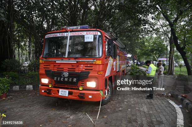 Team members of NDRF, Fire department , Haryana Police and civil defense during the rescue operation of earthquake mock drill in Mini Secretariat, on...