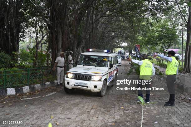 Team members of NDRF, Fire department , Haryana Police and civil defense during the rescue operation of earthquake mock drill in Mini Secretariat, on...