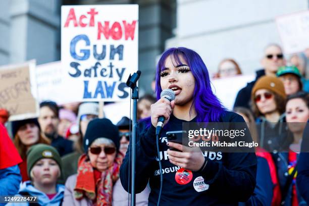 North High School sophomore Angeli Cazares gives a speech at a protest to end gun violence in schools at the Colorado State Capitol on March 24, 2023...