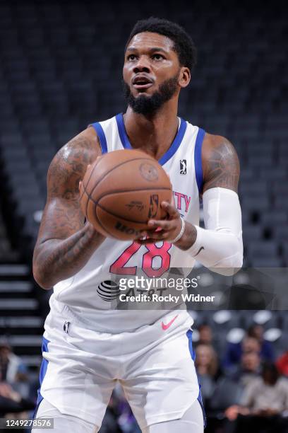 Alfonzo McKinnie of the Mexico City Capitanes shoots a foul shot against the Stockton Kings on March 24, 2023 at Golden 1 Center in Sacramento,...