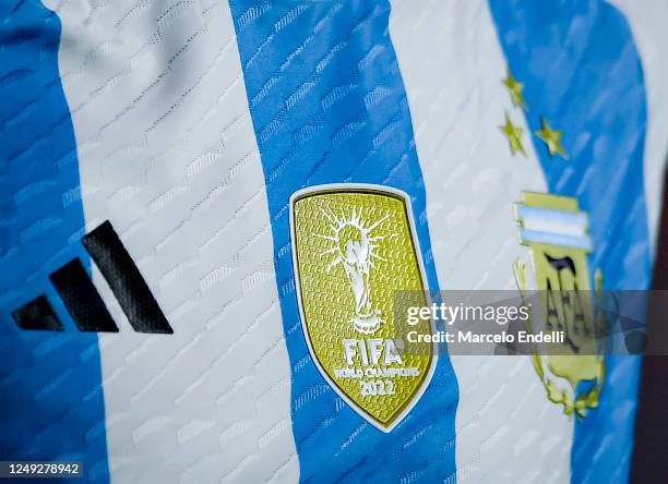 Detail of Lionel Messi of Argentina jersey with the FIFA World Cup Champions 2022 badge during an international friendly between Argentina and Panama...