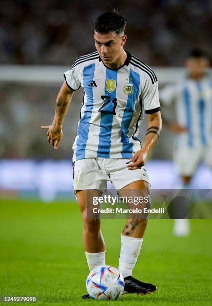 Paulo Dybala of Argentina kicks the ball during an international friendly between Argentina and Panama at Estadio Mas Monumental Antonio Vespucio...