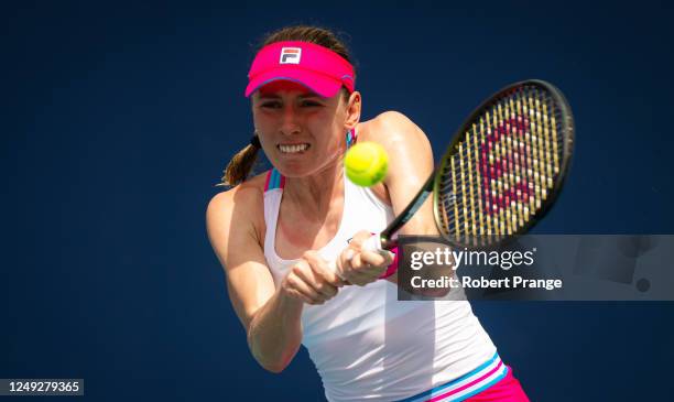 Ekaterina Alexandrova in action against Taylor Townsend of the United States in her second-round match on Day 6 of the Miami Open at Hard Rock...