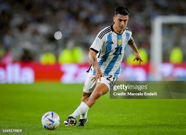 Paulo Dybala of Argentina kicks the ball during an international friendly between Argentina and Panama at Estadio Mas Monumental Antonio Vespucio...