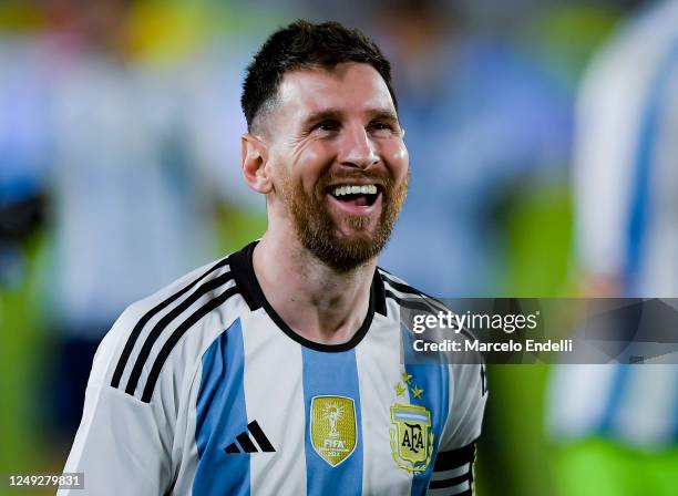 Lionel Messi of Argentina smiles during World Champions' celebrations after an international friendly between Argentina and Panama at Estadio Mas...