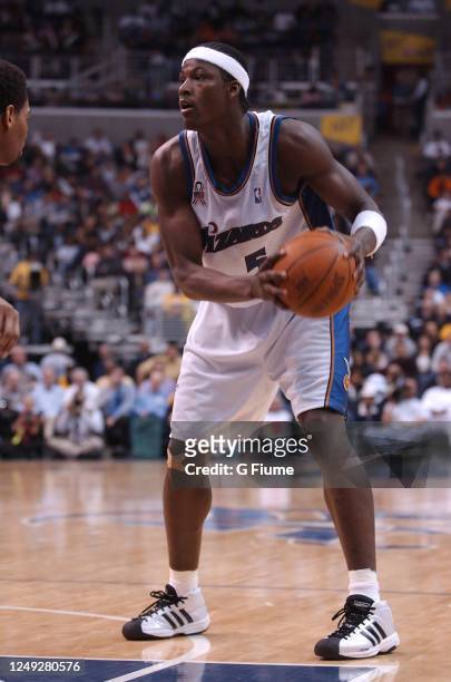 Kwame Brown of the Washington Wizards handles the ball against the Los Angeles Lakers on April 2, 2002 at the MCI Center in Washington, DC NOTE TO...