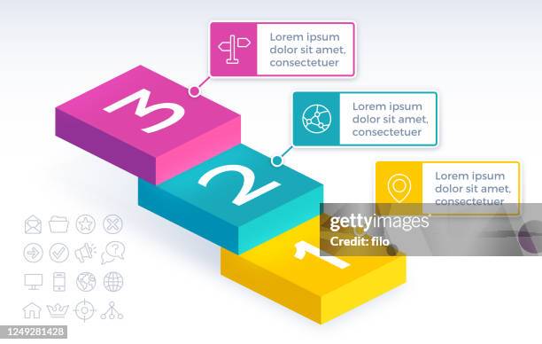 illustrations, cliparts, dessins animés et icônes de infographie des escaliers en trois étapes - trois objets